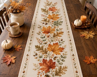 Maple Leaf Table Runner, Cozy Autumn Pumpkin Thanksgiving Decor, Cottagecore Linen House Warming Gift, Vintage Home Decorations Fall Leaves
