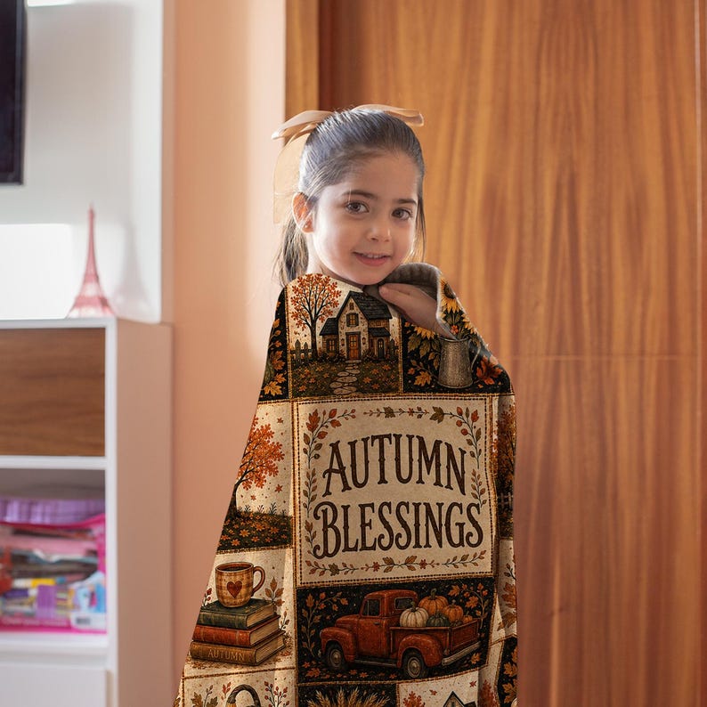 Fall Quilt Blanket, Rustic Patchwork Pumpkin Blankets, Thanksgiving Throw, Farmhouse Decor Cozy Autumn Gift Fall Harvest Sunflower Halloween image 8