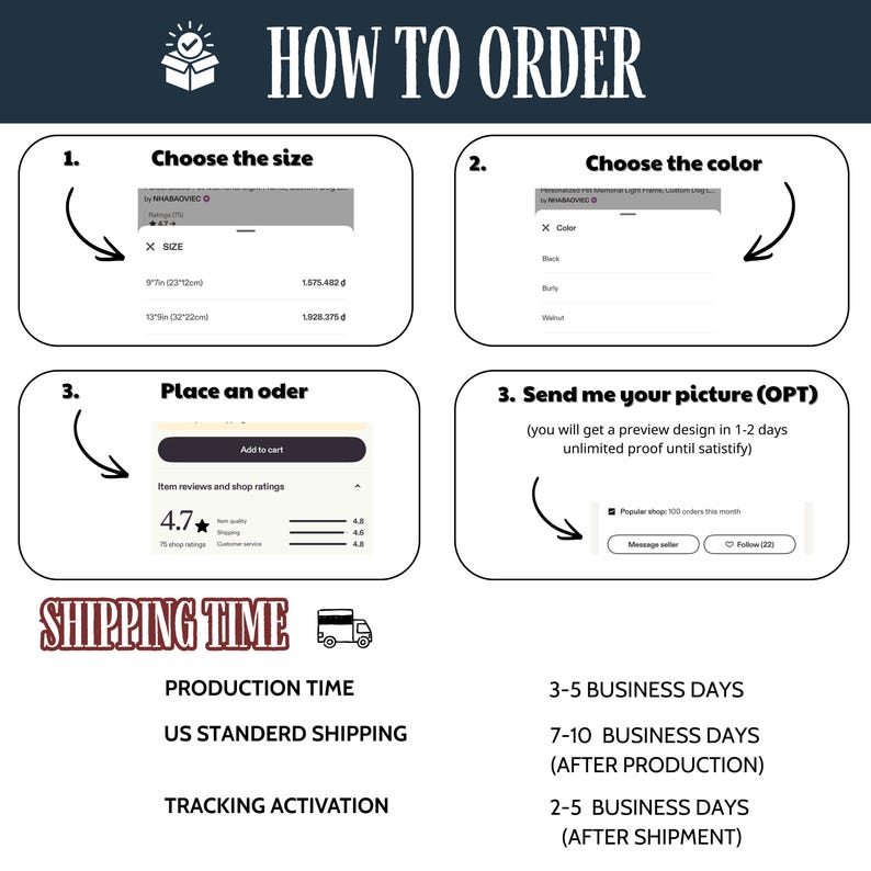 May include: A graphic with the text "HOW TO ORDER" and numbered steps. The steps include choosing size and color, placing an order, and sending a picture. The image also shows shipping and production times.