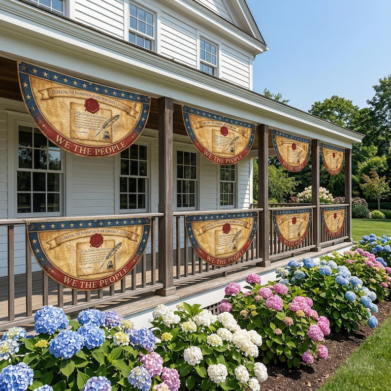 May include: A series of patriotic banners with a vintage design, featuring the text "WE THE PEOPLE" and a depiction of the U.S. Constitution. The banners are displayed on a porch railing, with a backdrop of a white house and colorful hydrangeas.