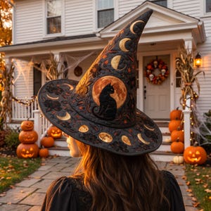May include: A black pointed hat featuring an embroidered design of a black cat sitting in front of a full moon. The hat is decorated with gold-colored moon phases, floral patterns, and intricate stitching across the brim and the tall crown.
