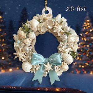 2D Flat Coastal Christmas wreath Ornament, Aqua Crushed Glass, Shells, Starfish, Beachy Xmas Keepsake, Crushed Shells Holiday Decoration