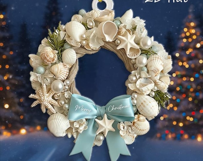 2D Flat Coastal Christmas wreath Ornament, Aqua Crushed Glass, Shells, Starfish, Beachy Xmas Keepsake, Crushed Shells Holiday Decoration