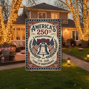 May include: A garden flag celebrating America's 250th anniversary. The flag features a patriotic design with the text "America's 250th Semiquincentennial" and the years 1776-2026. The design includes the Liberty Bell and American flags.