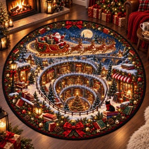 May include: A round rug featuring a detailed Christmas scene with Santa Claus in a sleigh pulled by reindeer flying over a multi-level, spiral-shaped snowy village. The border is decorated with red bows, pine branches, and books.