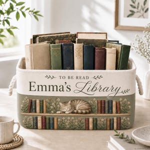 May include: A rectangular fabric storage bin with rope handles, featuring the text "TO BE READ Emma's Library" and a printed illustration of a sleeping tabby cat on a bookshelf surrounded by flowers, filled with various hardcover books.