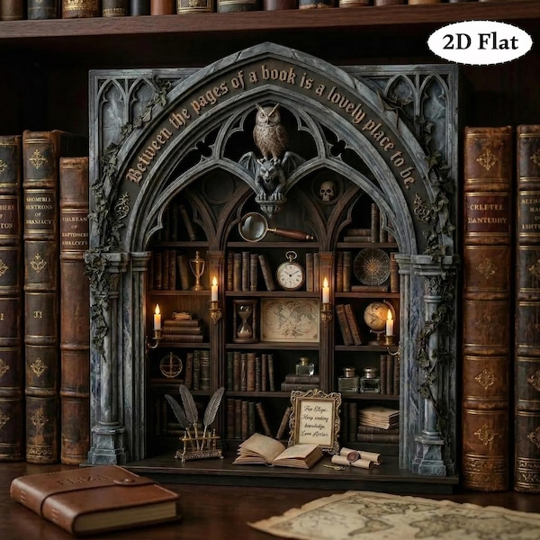 Illuminated Gothic Library Book Nook | Dark Academia Miniature Diorama & Bookshelf Insert for Book Lovers | Wooden Block Gothic Decor