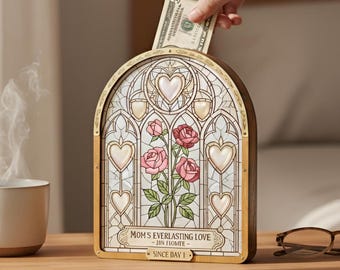 Personalized Birth Month Flower Money Bank for Mom, Stained Glass Style Wooden Piggy Bank, Custom Rose Coin Box Meaningful Mother's Day Gift