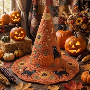 May include: A quilted orange witch hat featuring embroidered sunflowers, black cats, pumpkins, stars, and a crescent moon. The fabric has a textured, stitched pattern throughout, with a wide brim and a tall, pointed crown design.