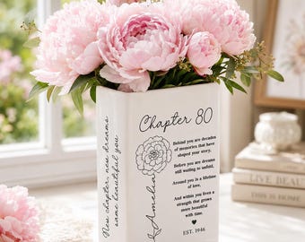 Personalized 80th Birthday Ceramic Book Vase, Chapter 80 70 60 Custom Birth Month Flower Gift