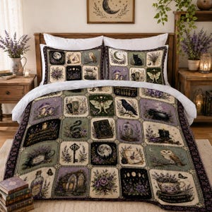 May include: A bedding set featuring a patchwork design with illustrations of owls, moths, black cats, ravens, mushrooms, crystals, books, keys, and lavender. The color palette includes shades of purple, green, black, and cream in a grid pattern.
