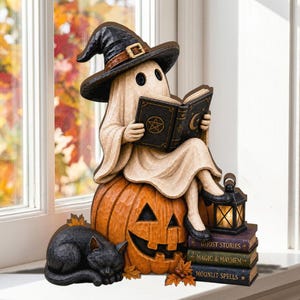 May include: A cream-colored ghost figurine wearing a black witch hat, sitting on a carved orange pumpkin while reading a black book with a gold pentagram. A black cat sleeps beside the pumpkin, next to a stack of three books and a small lantern.