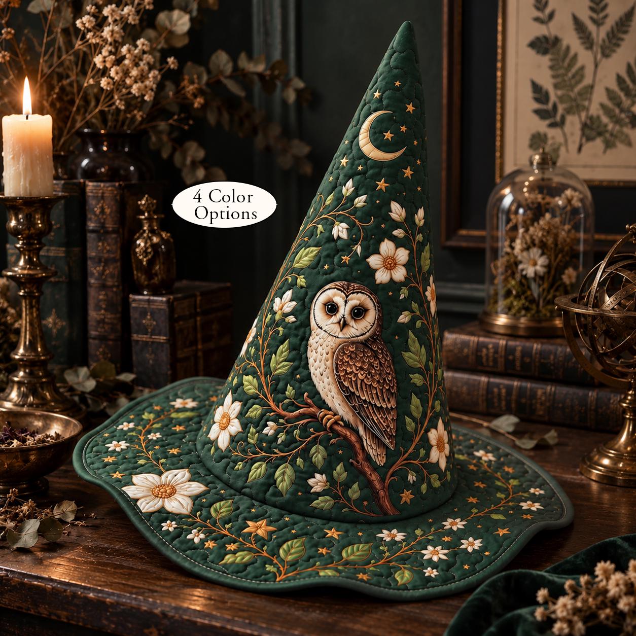 Quilted Witch Hat, Halloween Patchwork Cottagecore Decor, Owl Medieval Fall Witch Costume, Fantasy H