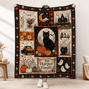 Halloween Quilt Blanket, Vintage Pumpkin Bedding Set, Cute Ghost Patchwork Throw, Witch Fall Decor, Spooky Season Gift for Black Cat Lover