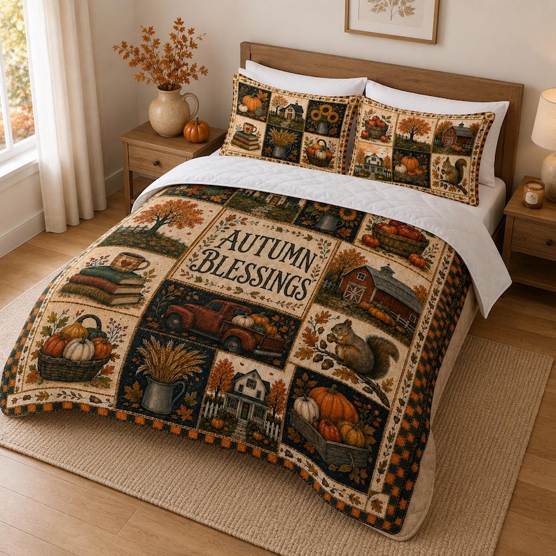 May include: A quilt and two pillow shams featuring a patchwork design with autumn-themed illustrations including pumpkins, a red truck, a barn, a squirrel, and wheat. The centre panel displays the text AUTUMN BLESSINGS in a dark brown font.