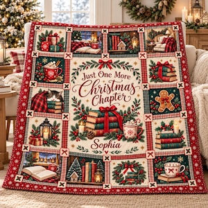 May include: A rectangular Christmas-themed quilt featuring a grid of festive illustrations including books, mugs of cocoa, gifts, and a cat. The center panel displays the text Just One More Christmas Chapter and the name Sophia surrounded by greenery.