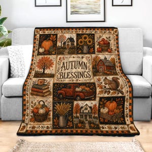 Fall Quilt Blanket, Rustic Patchwork Pumpkin Blankets, Thanksgiving Throw, Farmhouse Decor Cozy Autumn Gift Fall Harvest Sunflower Halloween image 5