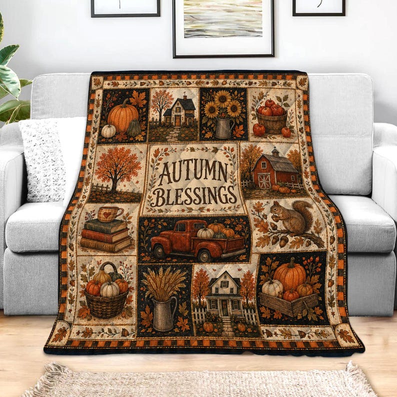 Fall Quilt Blanket, Rustic Patchwork Pumpkin Blankets, Thanksgiving Throw, Farmhouse Decor Cozy Autumn Gift Fall Harvest Sunflower Halloween image 5