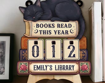 Personalized Black Cat Book Tracker, Wooden Reading Goal Board, Custom Books Read This Year Counter, Gift for Reader, Bookworm, Book Lover