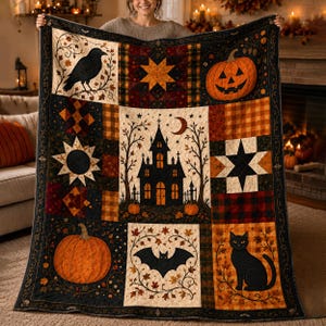 May include: A rectangular quilt featuring a patchwork design with Halloween motifs including a black crow, a jack-o'-lantern, a haunted house, a black cat, and a bat. The quilt incorporates various patterns such as plaid and star shapes in orange, black, and brown colors.