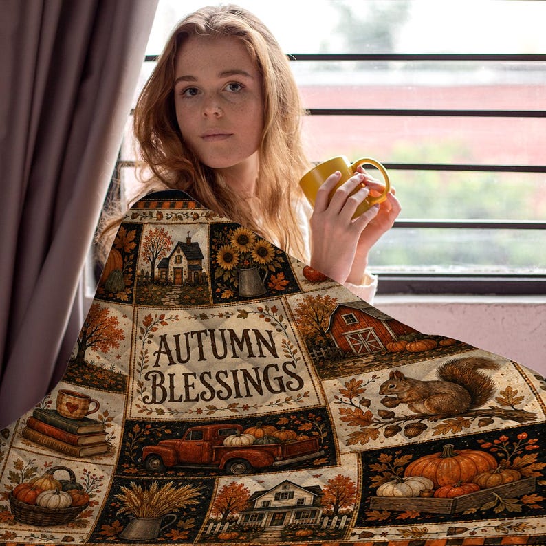 May include: A quilt featuring a patchwork design with autumn-themed illustrations including a house, sunflowers, a red barn, a squirrel, a red truck, pumpkins, and books. The center panel displays the text Autumn Blessings in dark brown letters.