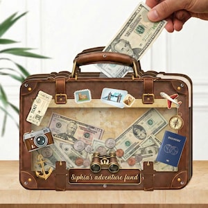 May include: A brown suitcase-shaped money bank with a handle, filled with cash, coins, and travel-themed stickers. The bank has the text "Sophia's adventure fund" on the front. A hand is inserting a twenty-dollar bill into the slot.