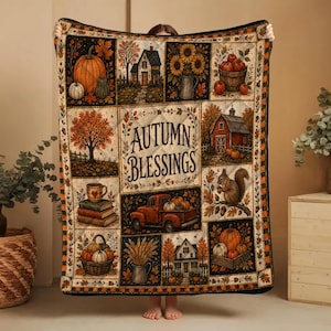 Fall Quilt Blanket, Rustic Patchwork Pumpkin Blankets, Thanksgiving Throw, Farmhouse Decor Cozy Autumn Gift Fall Harvest Sunflower Halloween image 10