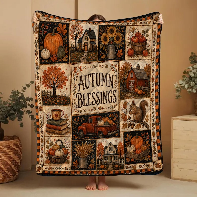 Fall Quilt Blanket, Rustic Patchwork Pumpkin Blankets, Thanksgiving Throw, Farmhouse Decor Cozy Autumn Gift Fall Harvest Sunflower Halloween image 10