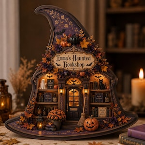 May include: A decorative witch hat shaped display featuring a sign that reads Emma's Haunted Bookshop. The interior is illuminated with warm lights, showcasing miniature shelves filled with books, potions, a ghost, a black cat, and a broom.