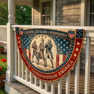 May include: A patriotic banner with the text "CELEBRATING 250 YEARS OF INDEPENDENCE" and "UNITED STATES OF AMERICA". The banner features illustrations of historical figures, stars, and stripes in red, white, and blue. The banner is displayed on a white railing.