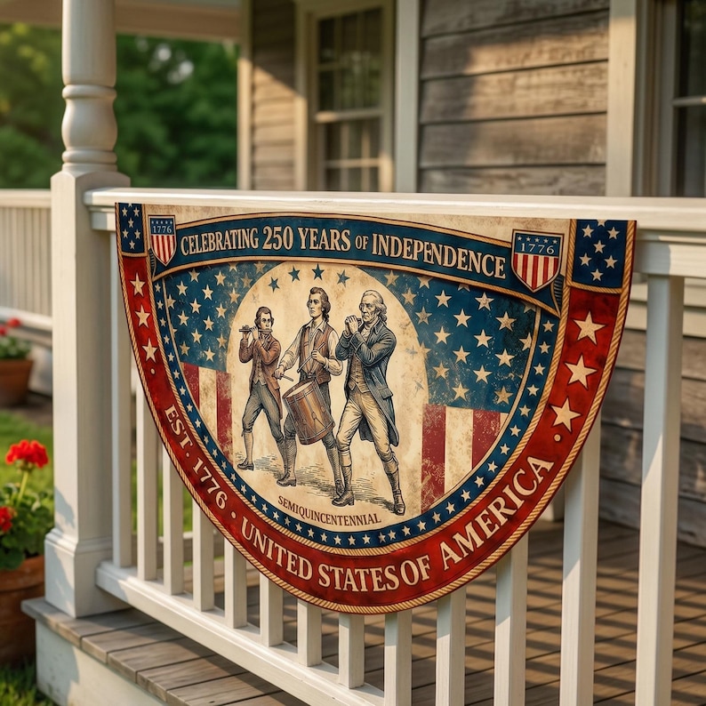 May include: A patriotic banner with the text "CELEBRATING 250 YEARS OF INDEPENDENCE" and "UNITED STATES OF AMERICA". The banner features illustrations of historical figures, stars, and stripes in red, white, and blue. The banner is displayed on a white railing.