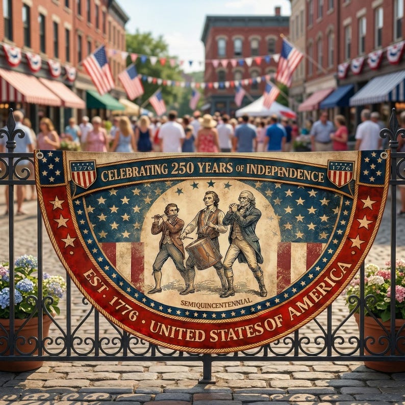 May include: A banner celebrating 250 years of independence, featuring an illustration of three men playing instruments. The banner is framed by a wrought iron fence, with the text "EST. 1776 - UNITED STATES OF AMERICA". The background shows a street with people and American flags.