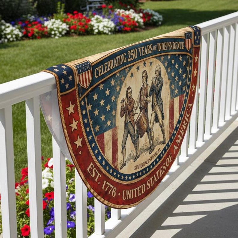 May include: A patriotic banner with the text "Celebrating 250 Years of Independence" and "United States of America." The banner features an illustration of three figures and the American flag. The banner is draped over a white railing.
