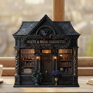 May include: A miniature black and gold shop facade with the text "MORTE & MUSA CURIOSITIES" and "EST. MCMXC". The shop features a dark gray roof, decorative skulls, and shelves filled with books and curiosities. A raven and roses adorn the top.