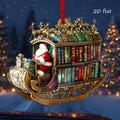 2D Flat Santa's sleigh Bookshelf Christmas Ornament, Vintage Book Stack Light Bauble Custom Librarian Gift For Book Lover Xmas 2025 Keepsake