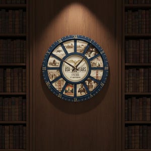 May include: A round wall clock with a dark blue frame and a cream-colored face. The clock features historical images and the text "USA - 250 YEARS 1776-2026 EST. INDEPENDENCE". Roman numerals mark the hours.