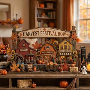 May include: A decorative tabletop display titled Harvest Festival Row featuring three miniature buildings: a red Cider Mill, an orange Pumpkin Patch Barn, and a yellow Fall Mercantile, accented with sunflowers, pumpkins, and autumn leaves.