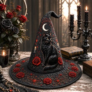 May include: A black quilted witch hat featuring an embroidered black cat sitting centrally, accented with red roses, small lit candles, and a white crescent moon. The brim and cone are decorated with intricate red floral stitching and red gems.