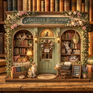 May include: A miniature model of Amelia's Bookshop, featuring a green facade, bookshelves, and several cats. The shop is adorned with floral accents, a sign that reads "Amelia's Bookshop," and the text "Books, Cats & Cozy Reads." A small chalkboard reads "So Many Books, So Little Time."
