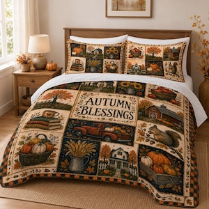 Fall Quilt Bedding Set Rustic Patchwork Pumpkin Blanket Thanksgiving Throw Farmhouse Decor Cozy Autumn Gift Fall Harvest Sunflower Halloween