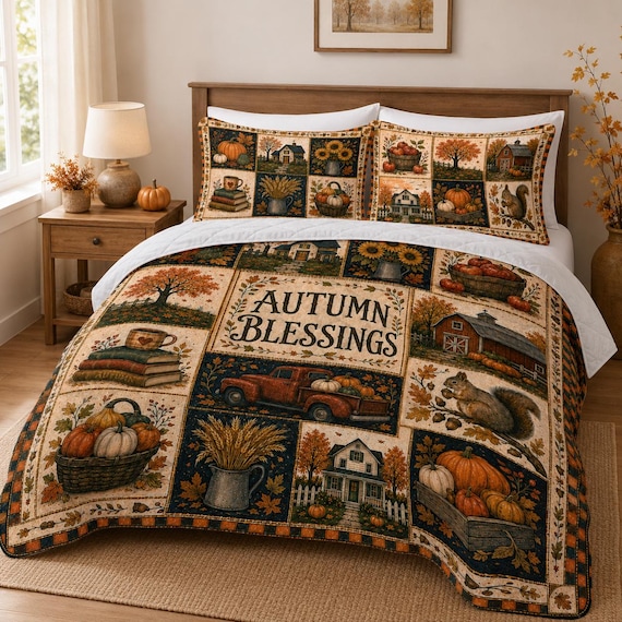 Fall Quilt Bedding Set Rustic Patchwork Pumpkin Blanket Thanksgiving Throw Farmhouse Decor Cozy Autumn Gift Fall Harvest Sunflower Halloween