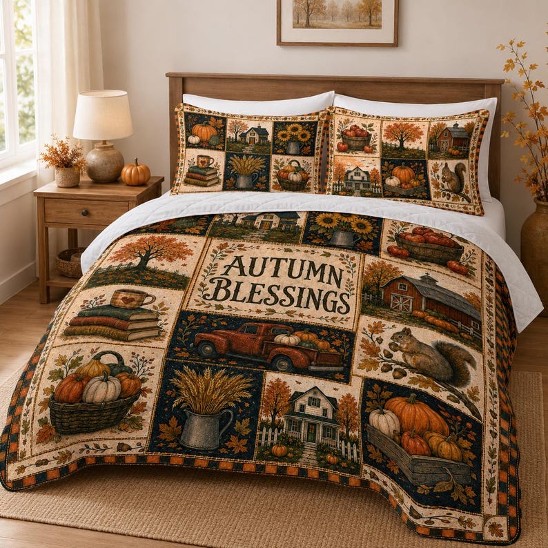 May include: A quilt and two pillow shams featuring a patchwork design with autumn-themed illustrations including pumpkins, a red truck, a barn, a squirrel, and sunflowers. The centre panel displays the text Autumn Blessings in black lettering.