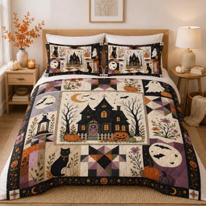 May include: A quilted bedspread and two matching pillow shams featuring a Halloween theme with a central haunted house, black cats, pumpkins, ghosts, bats, and floral motifs in a patchwork design with a cream, black, orange, and purple color palette.