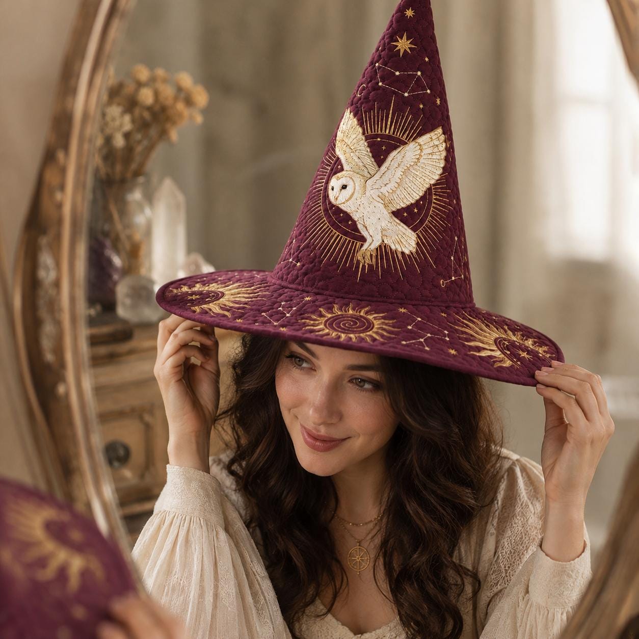 Celestial Owl Quilted Witch Hat Halloween Costume, Custom Witchcore Accessory, Gothic Moon Magic Hat