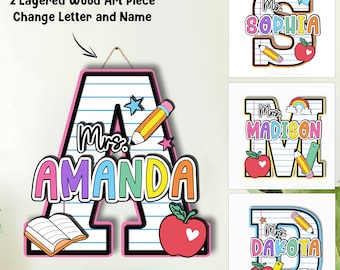 Personalized Classroom 3D Wood Art, 2 Layer Art Piece Door Sign For Teacher, Teacher Letter & Name Wood Sign, Back To School Decor Gift Idea