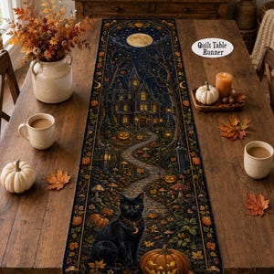 May include: A rectangular table runner featuring a dark, atmospheric Halloween scene with a black cat in the foreground, a winding stone path, a haunted mansion, a full moon, and scattered pumpkins, all set against a deep navy and orange autumn palette.