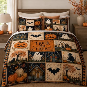 Custom Halloween Quilt Blanket Set, Patchwork Cute Ghost Pumpkin Trick or Treat Bedding, Cottagecore Spooky Bedroom Decor, Gift for Family