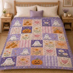 Custom Halloween Patchwork Quilted Blanket, Floral Ghost Pumpkin Throw Cottagecore Fall Gift for Her Sunflower Daisy Stripe Boo Crew Bedding