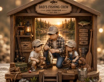 May include: A wooden fishing diorama with a family scene. The diorama has a sign that reads "DAD'S FISHING CREW" and "Lake Thompson, EST. 2025." The scene shows a father and two children with fishing gear, a dog, and a lake backdrop.