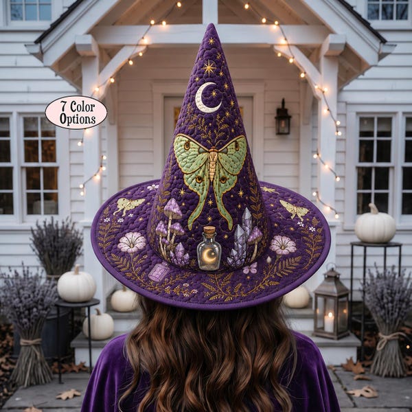 Vintage Halloween Quilt Witch Hat, Luna Moth Mushroom Moon Costume, Cottagecore Witchy Decor Gift